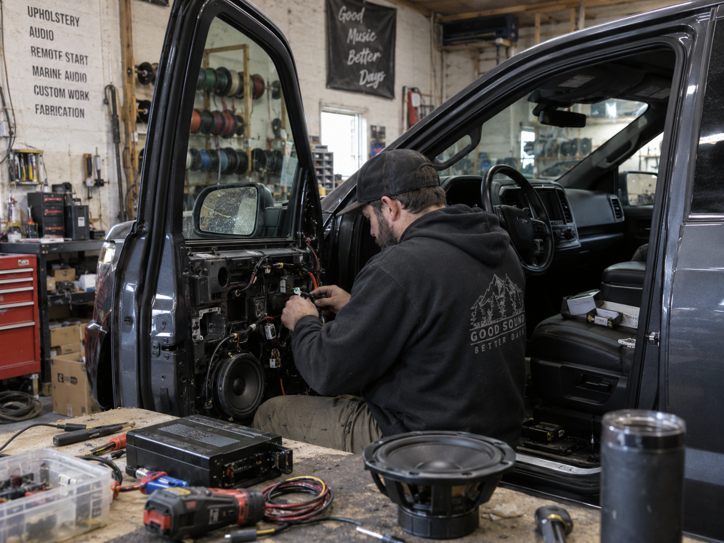 Audio technician working on a modern truck in a traditional shop