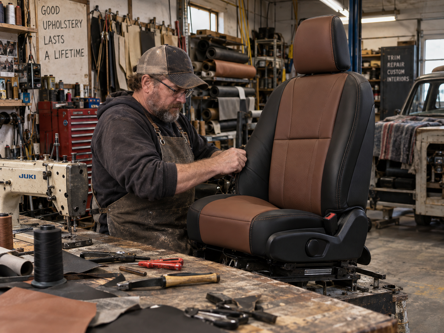 Automotive upholsterer working on a modern vehicle seat in an old-school trim shop