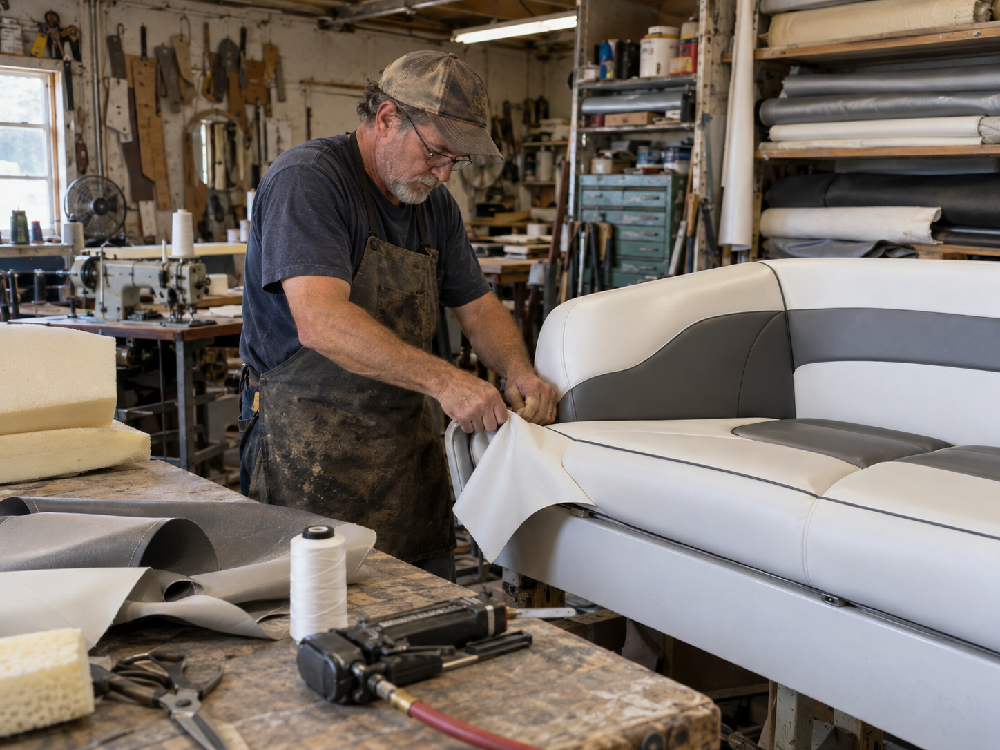 Boat upholstery being fitted in a working trim shop
