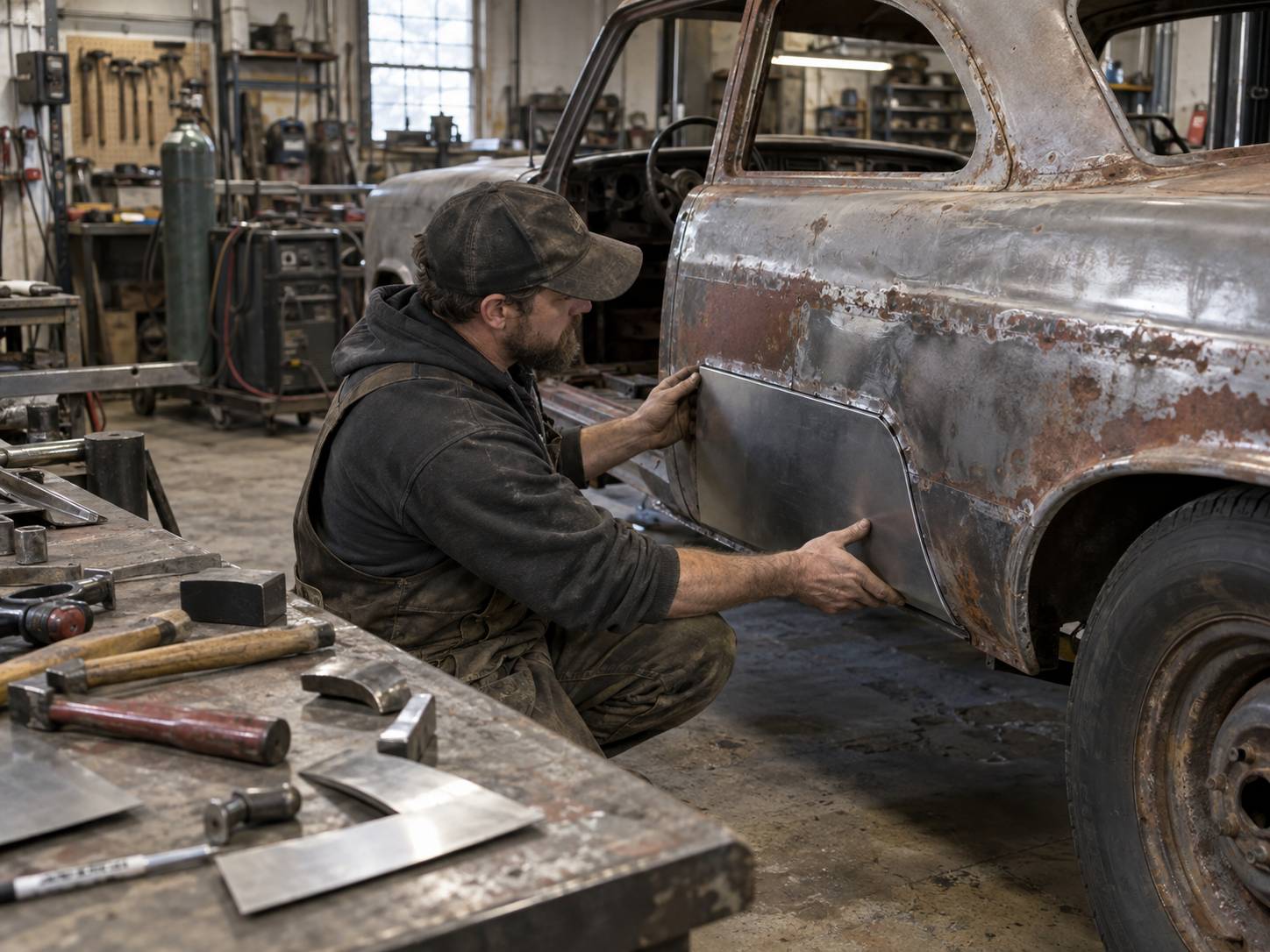 Metal fabricator fitting a handmade patch panel to a classic vehicle